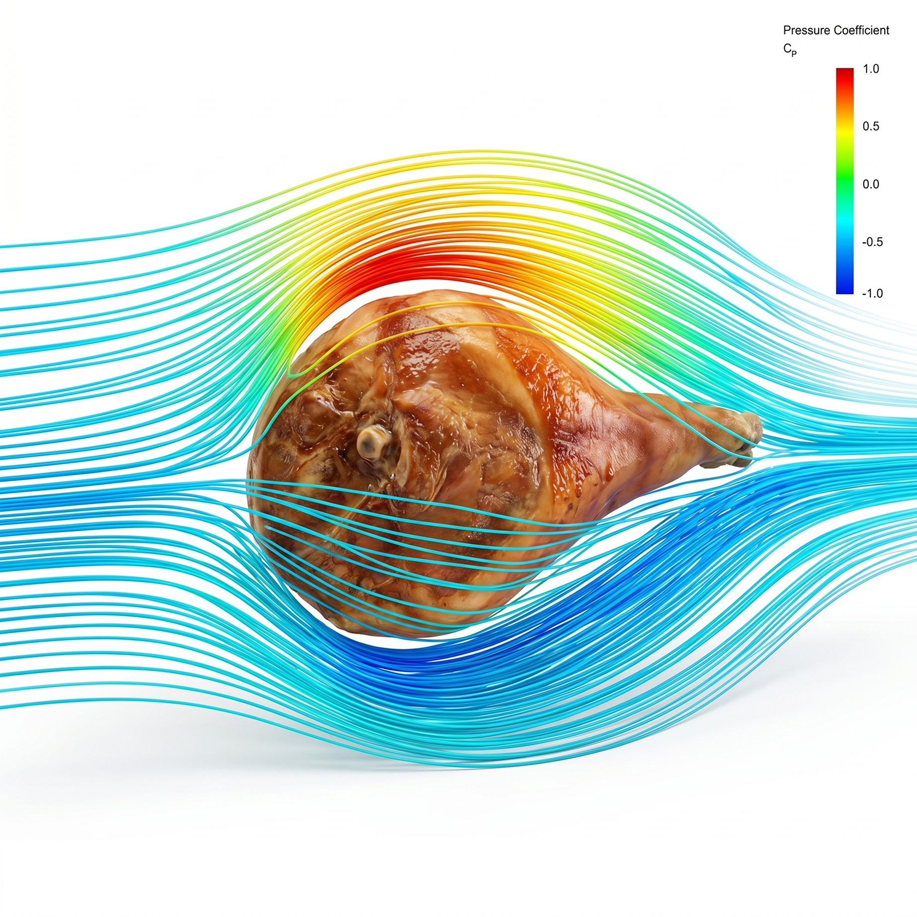 Computational fluid dynamics streamlines flowing over an aerodynamic ham